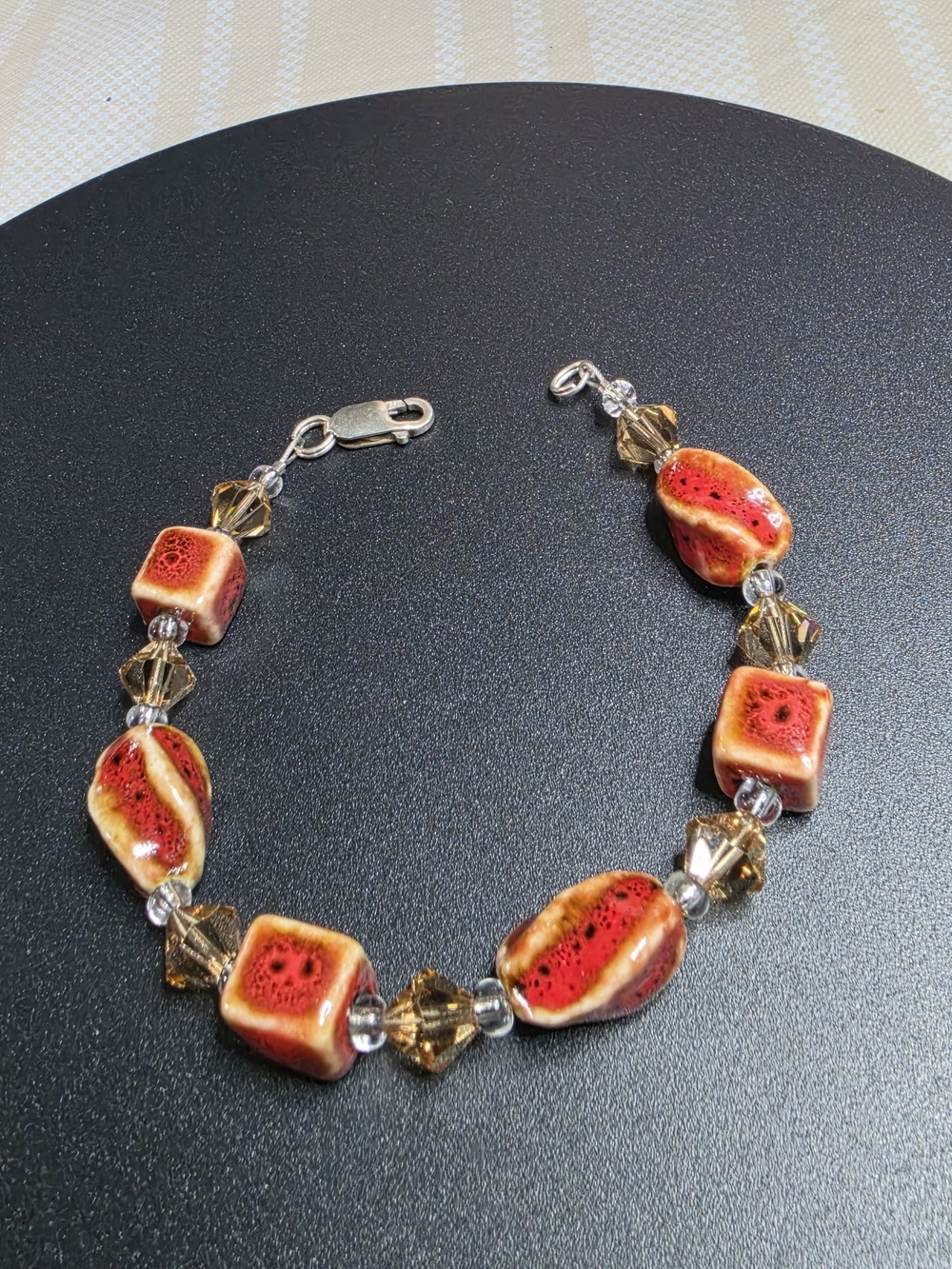 Handmade Red Yellow Cream Ceramic Beaded Bracelet Sterling Silver Clasp
